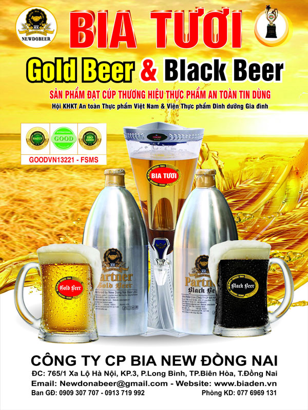 panno hỗ trợ quảng cáo bia tươi vàng đen,  nhà máy bia New Đồng Nai